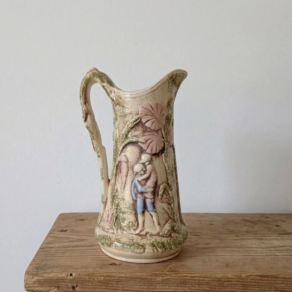 Vintage Handmade Pitcher Floral Relief Green Pink Majolica Style Victorian Vase
